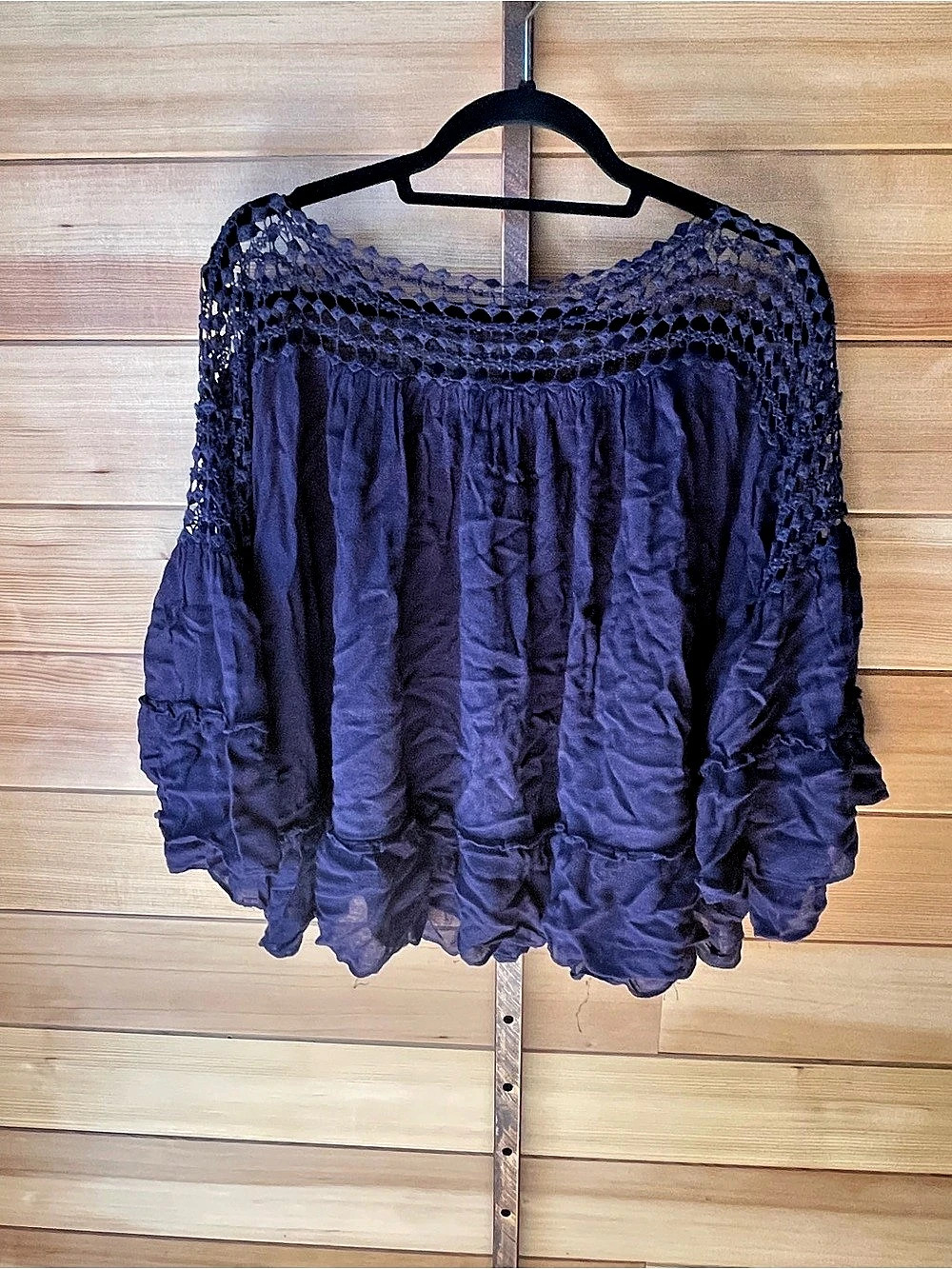 Max Studio Crochet Neck Blouse in Navy Blue Size Small
